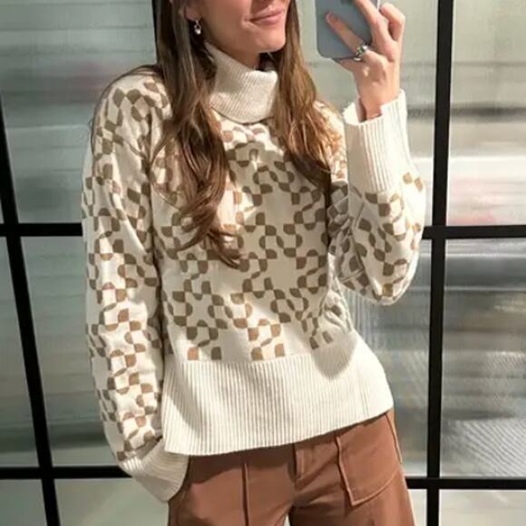 Jonathan Simkhai Brown White Turtleneck Logo Sweater XS Soft Wool Oversized $400 - Picture 6 of 11